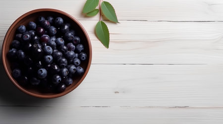 Blueberries in a bowl on a white wooden table, top viewの素材