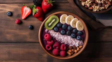 Healthy breakfast bowl with oatmeal, berries and nuts on wooden backgroundの素材