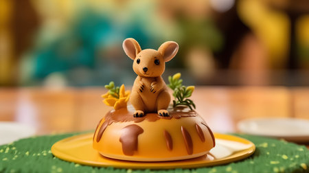 Close up of a cute toy mouse sitting on a cake with chocolate creamの素材