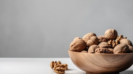 Walnuts in a wooden bowl on a white table, selective focusの素材