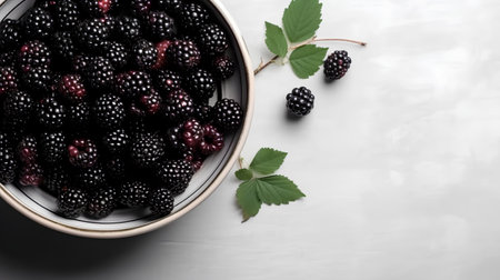 Blackberries in a bowl with green leaves on a gray background.の素材