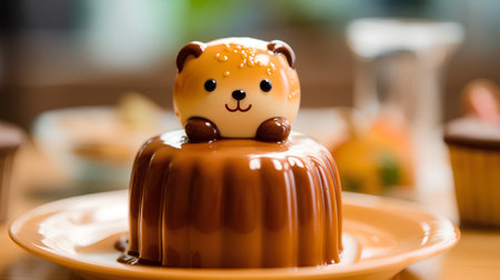 Cute bear doll on a chocolate cake. Selective focus.の素材