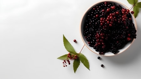 Blackberry and red currant in a bowl on a white backgroundの素材