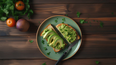 Avocado toast on a wooden background, top view, flat layの素材