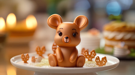 3d rendering of a cute brown bear on a plate with candles in the backgroundの素材