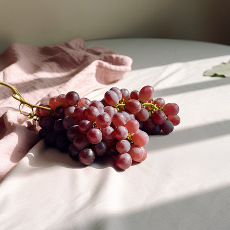 Bunch of red grapes on a white tablecloth with sunlight.の素材