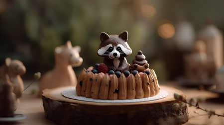 Cake with a raccoon in the form of an animal on a wooden backgroundの素材
