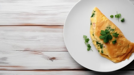 Omelet with parsley on a white plate on a wooden backgroundの素材