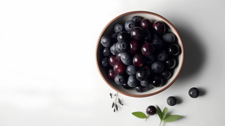 Fresh blueberries in a bowl on a white background, top viewの素材
