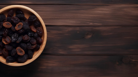 Dried raisins in a bowl on a dark wooden backgroundの素材