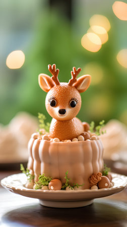 Cute little deer sitting on cake with bokeh background.の素材