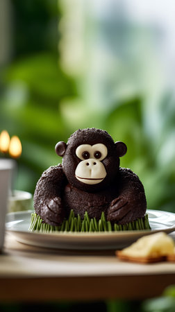 Chocolate cake with a monkey on a green background. Toned.の素材