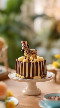 Tiger cake with chocolate glaze and macaroons, selective focusの素材