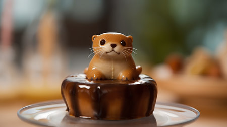 Cute little beaver sitting on a chocolate cake, selective focusの素材