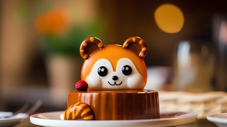 Cute panda bear on a chocolate cake in a restaurant.の素材