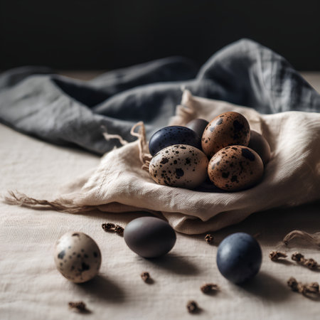 Easter composition with quail eggs on linen cloth, selective focusの素材