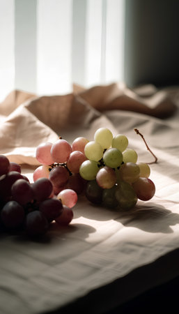 Bunch of grapes on a table in the sunlight. Selective focus. Toned.の素材