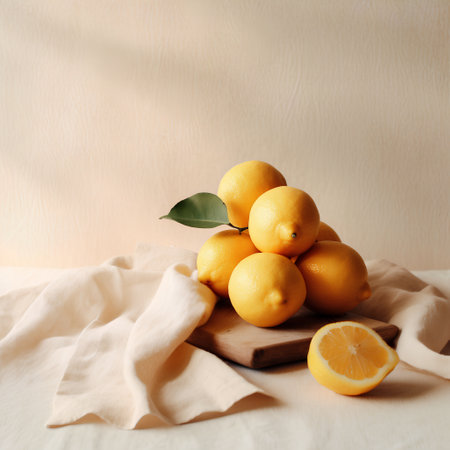 Fresh lemons on wooden board and linen textile on beige backgroundの素材