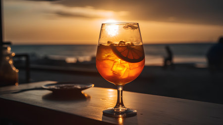Aperol spritz cocktail on the beach at sunset. Toned.の素材
