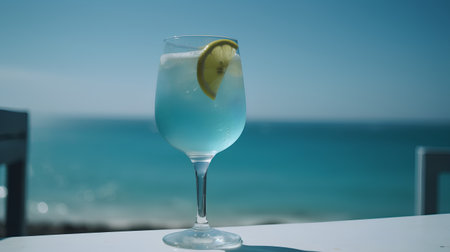 Blue lagoon cocktail with lemon on the background of the sea.の素材
