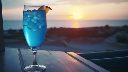 Blue cocktail with lemon on the background of the sea and sunset.の素材