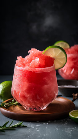 Refreshing watermelon cocktail with lime and rosemary on a dark backgroundの素材