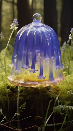 Blue jellyfish in a glass jar on a mossy forest floorの素材