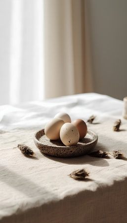 Easter eggs in a rustic bowl on a linen tableclothの素材