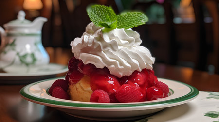 Cake with raspberries and whipped cream on a green plateの素材