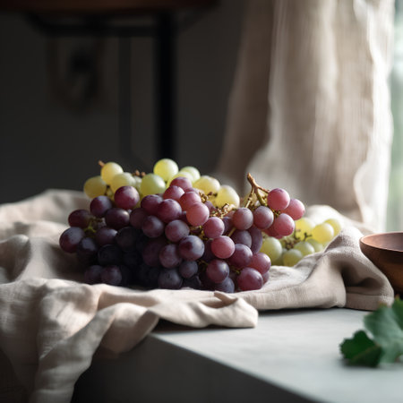 Grapes in a bowl on a wooden table, selective focusの素材