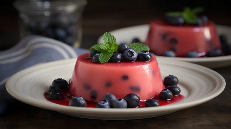 Panna cotta with fresh blueberries and mint, selective focusの素材