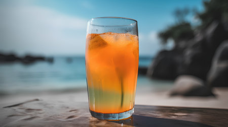 Orange juice in a glass on the background of the sea and beachの素材