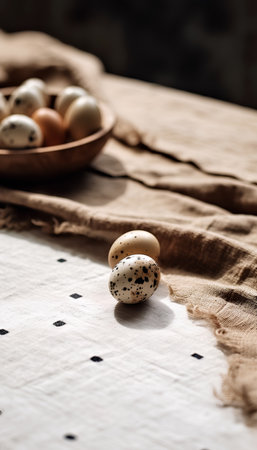 Quail eggs in a plate on a linen tablecloth. Selective focus.の素材