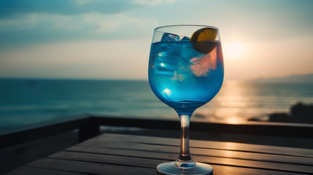 Blue cocktail with ice on the background of the sea and sunset.の素材