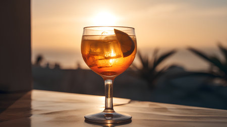 Cocktail in a glass on the background of the sea and sunsetの素材