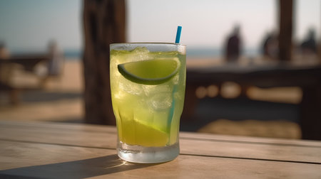 Refreshing drink with lime and ice in a glass on the beachの素材
