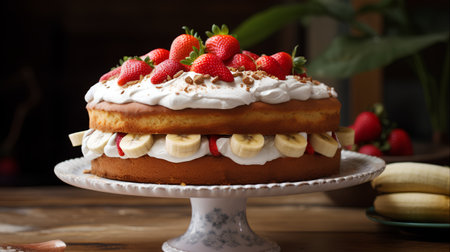 Homemade banana cake with whipped cream and fresh strawberries on wooden tableの素材