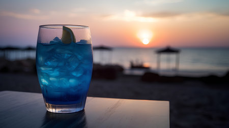Blue cocktail with ice on the beach at sunset. Selective focus.の素材