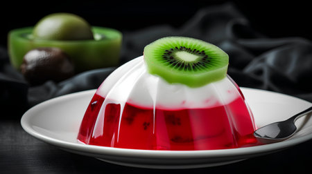Jelly pudding with kiwi fruit on a black background.の素材