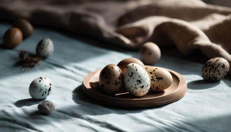 Easter eggs in a wooden plate on a blue linen tableclothの素材