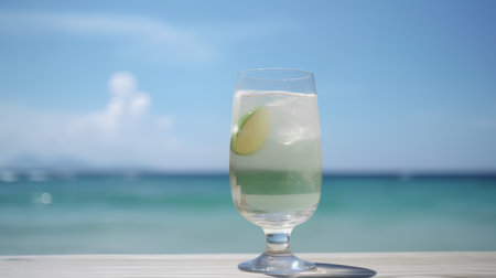 Cocktail on the beach with blue sky and sea background.の素材