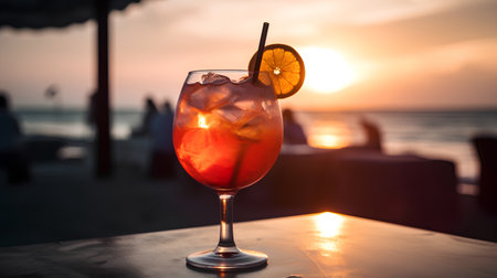 Cocktail on the beach at sunset. Cocktail with ice and lemonの素材