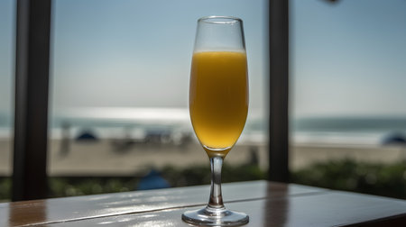 A glass of orange juice on a table in a restaurant on the beachの素材