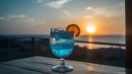 Blue cocktail with ice and slice of lemon on the background of the seaの素材
