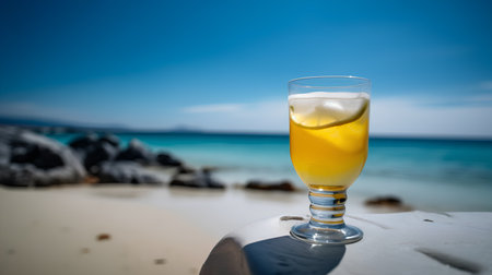 Glass of yellow cocktail on the beach with blue sea and sky backgroundの素材