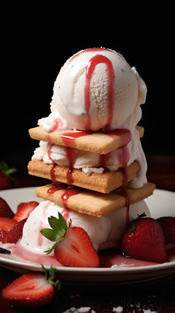 Strawberry ice cream with waffles and strawberries on a dark backgroundの素材