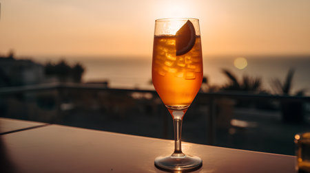 Cocktail in a glass with a slice of lemon on the background of the sea at sunsetの素材