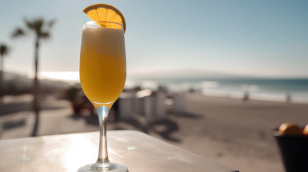Refreshing cocktail in a glass with a slice of orange on the beachの素材