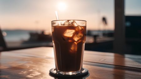 Iced coffee in a glass with ice cubes on the table near the seaの素材