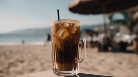 Iced coffee in a glass on the beach. Selective focus.の素材